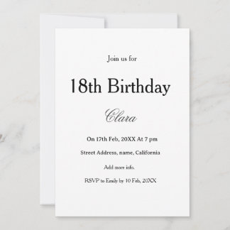 Invitación 18th birthday simple name minimal black white 