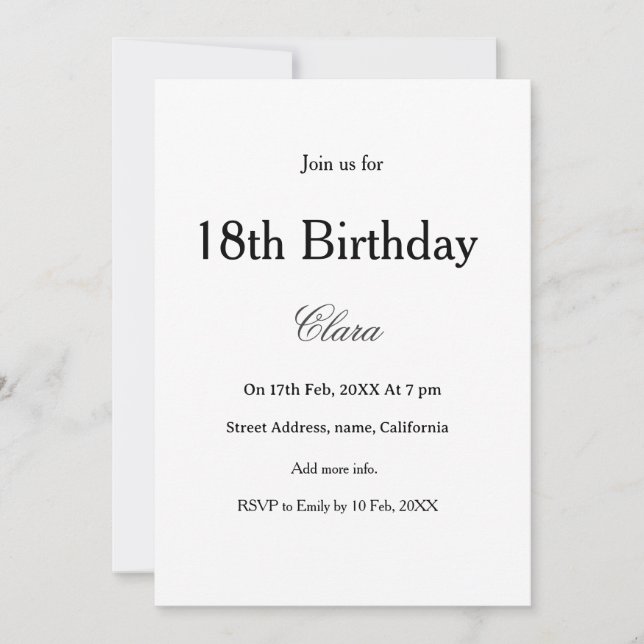 Invitación 18th birthday simple name minimal black white  (Anverso)