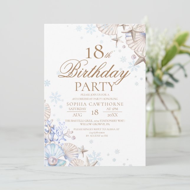 Invitación 18th Birthday Winter Beach Shells Party (Anverso de pie)