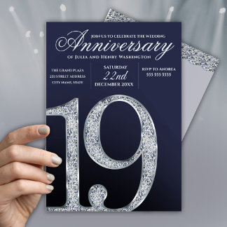 Invitación 19º Aniversario Diamante Plateado Años Azul Oscuro