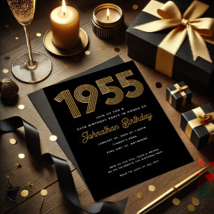 Invitación 1955 Black Faux Gold 70th Birthday Invitation