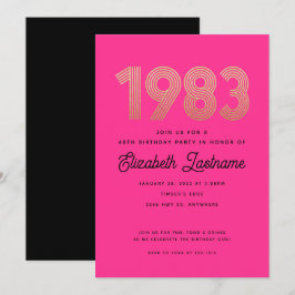 Invitación 1983 Hot Pink Black Gold 40th Birthday Invitation