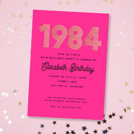 Invitación 1984 Hot Pink Black Gold 40th Birthday Invitation