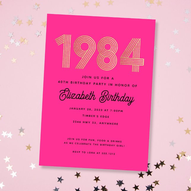 Invitación 1984 Hot Pink Black Gold 40th Birthday Invitation (Subido por el creador)