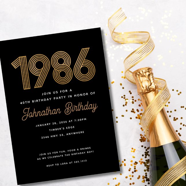 Invitación 1986 Black and Faux Gold 40th Birthday Invitation  (1986 Black and Gold 40th Birthday Invitation)