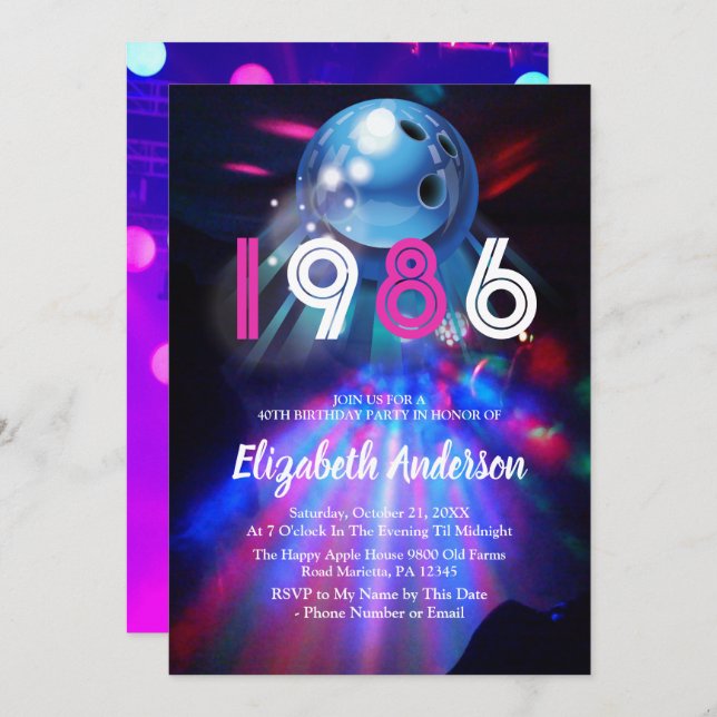 Invitación 1986 Disco Bowling  40th Birthday Party Invitation (Anverso / Reverso)