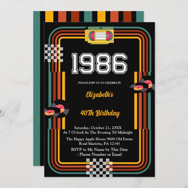 Invitación 1986 Retro Cassette Disco 40th Birthday (Anverso / Reverso)