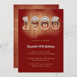 Invitación 1986 Retro Vintage 40th Birthday Red Glitter Party