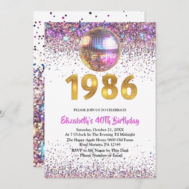 Invitación 1986 Trendy Glitter Disco 40th Birthday (Anverso / Reverso)