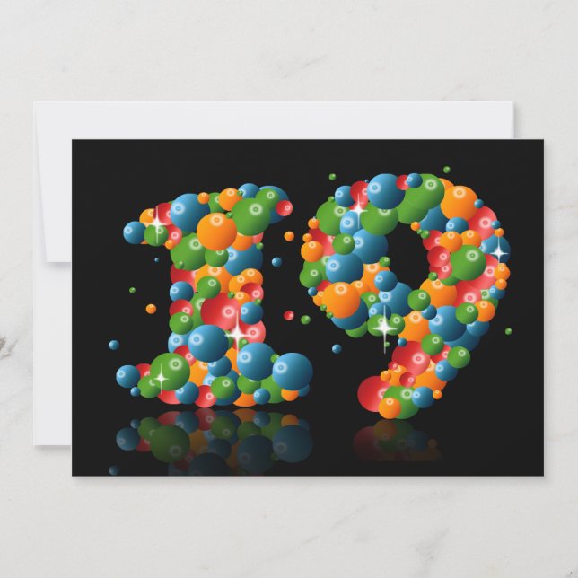Invitación 19.ª fiesta de cumpleaños, con burbujas y bolas (Anverso)