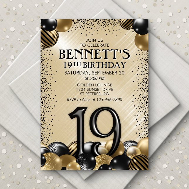 Invitación 19.º cumpleaños del oro negro de los globos (Subido por el creador)
