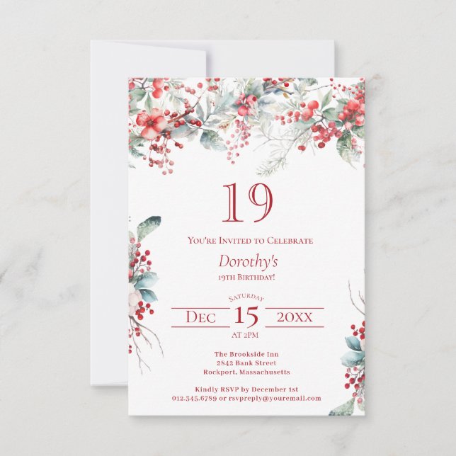 Invitación 19.º cumpleaños elegante invierno Berry botánico (Anverso)