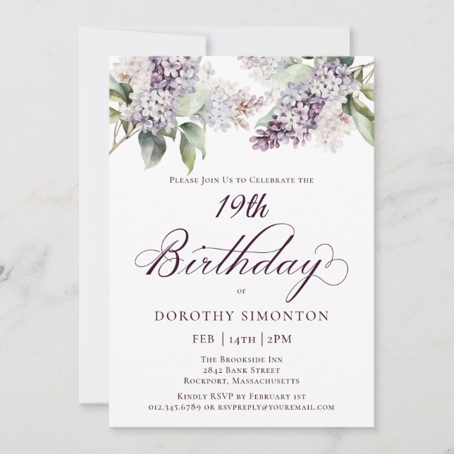 Invitación 19.º cumpleaños Flor Lilac Morada Primavera (Anverso)