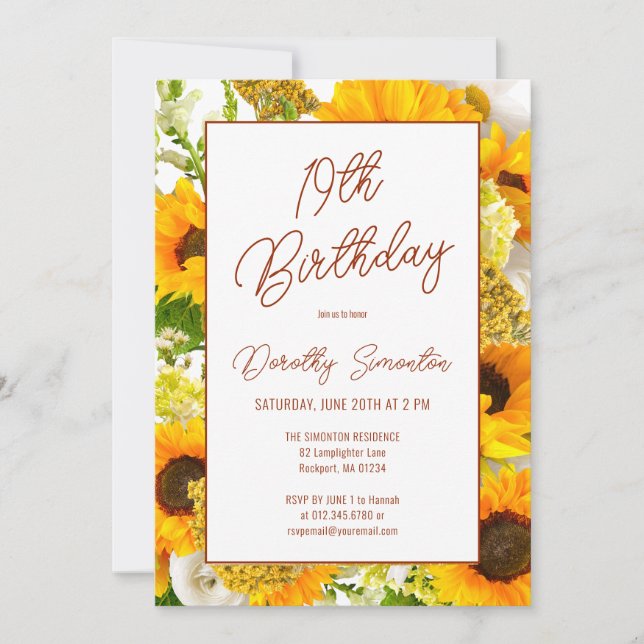 Invitación 19.º cumpleaños Floral de girasol moderno (Anverso)