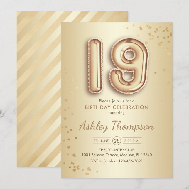 Invitación 19.º cumpleaños - Globos de oro (Anverso / Reverso)
