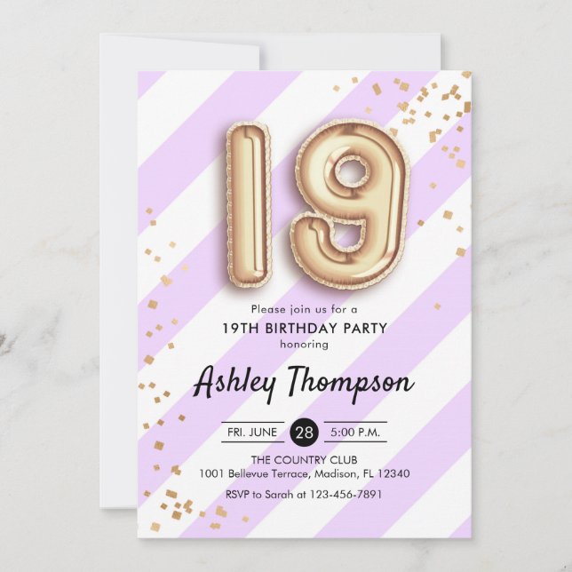 Invitación 19.º cumpleaños - Globos de oro de bandas moradas (Anverso)