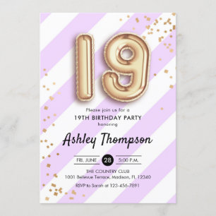 Invitación 19.º cumpleaños - Globos de oro de bandas moradas