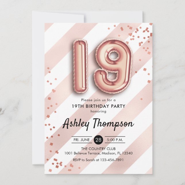 Invitación 19.º cumpleaños - Globos de oro de franjas Rosas (Anverso)
