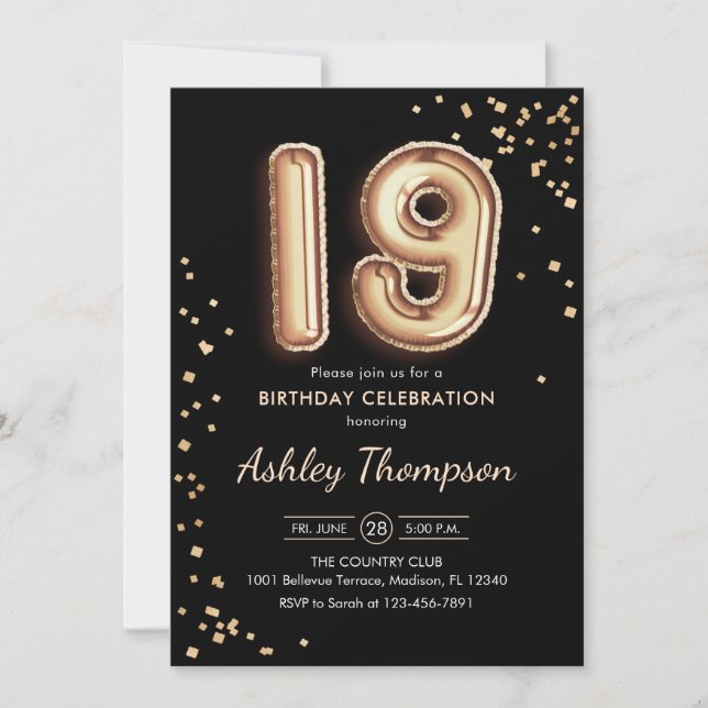 Invitación 19.º cumpleaños - Globos de oro Negro (Anverso)
