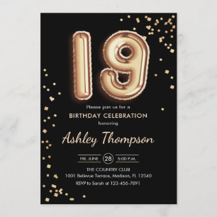 Invitación 19.º cumpleaños - Globos de oro Negro