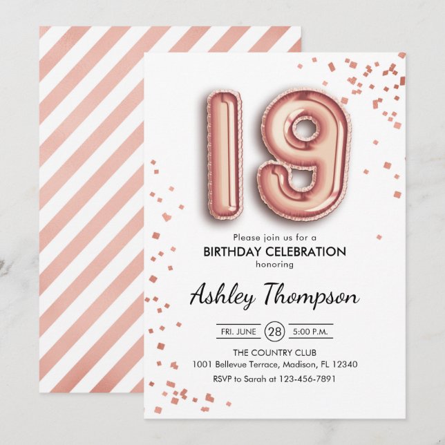 Invitación 19.º cumpleaños - Globos de oro Rosas (Anverso / Reverso)