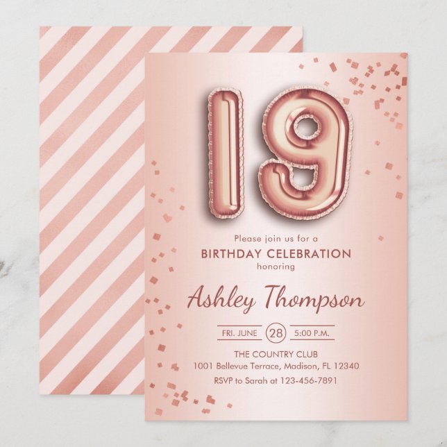 Invitación 19.º cumpleaños - Globos de oro Rosas (Anverso / Reverso)
