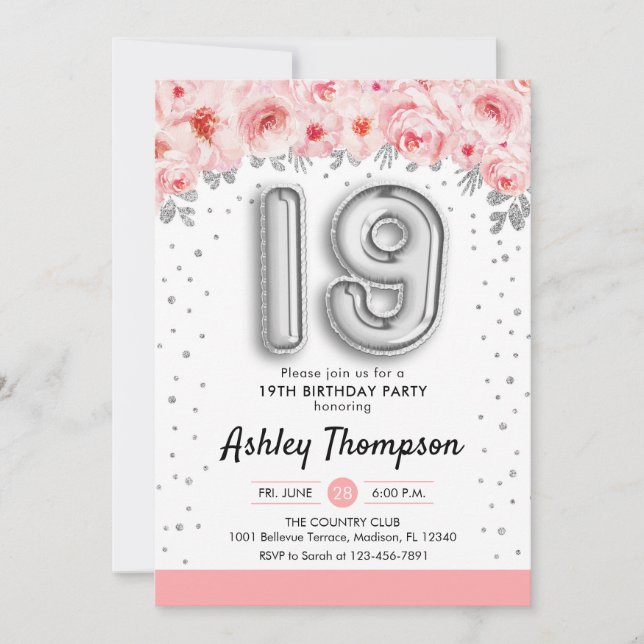 Invitación 19.º cumpleaños - Globos plateados (Anverso)