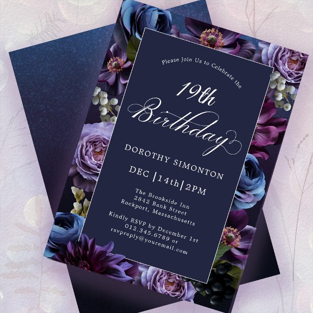 Invitación 19.º cumpleaños Moody Purple Flower Invitation (Subido por el creador)