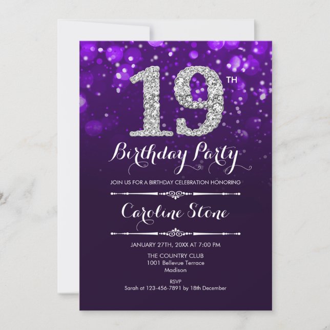 Invitación 19.º cumpleaños - Plata morada (Anverso)