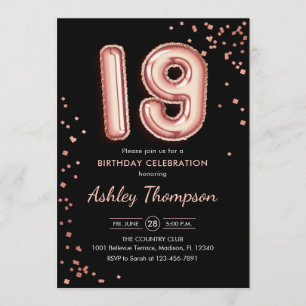 Invitación 19.º cumpleaños - Rosa Globos de Oro Negro