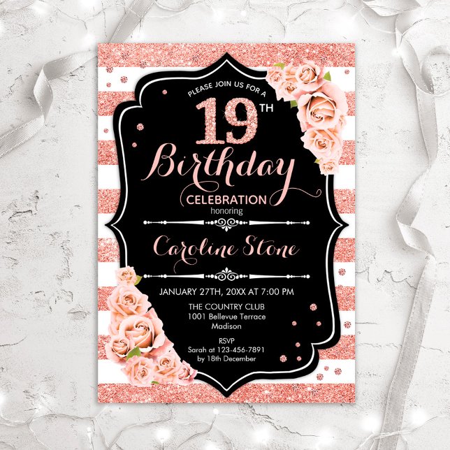 Invitación 19.º cumpleaños Rosa negro de oro y franjas blanca (Subido por el creador)