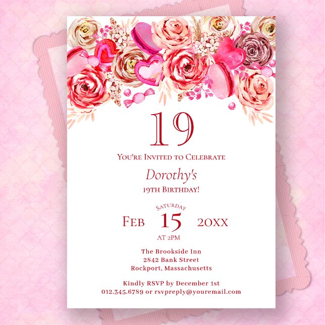 Invitación 19.º cumpleaños San Valentín Corazón de Rosas Rosa (Subido por el creador)