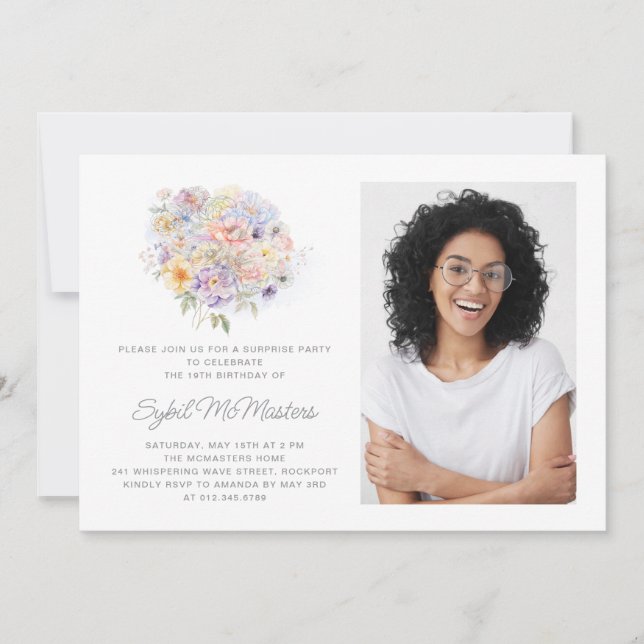 Invitación 19.º Flower Party Flower Bouquet Photo Surprise (Anverso)