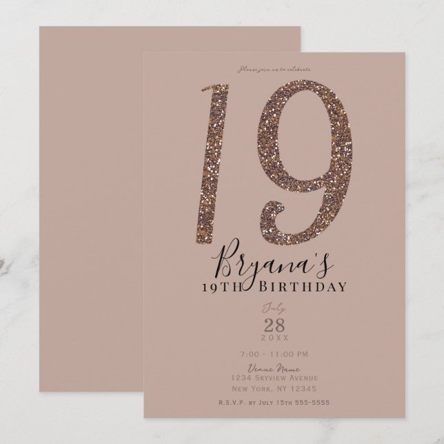 Invitación 19.º Purpurina Rosa de Rubor Rosado del partido de (Anverso / Reverso)