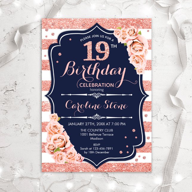 Invitación 19 Aniversario - Rosa de la Marina con franjas dor (Subido por el creador)