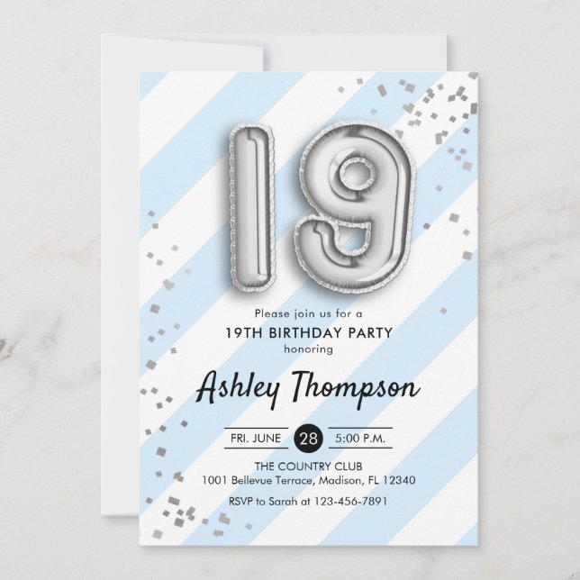 Invitación 19° cumpleaños - Bandas azules y globos plateados (Anverso)