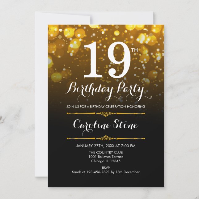 Invitación 19° cumpleaños - Oro blanco negro (Anverso)