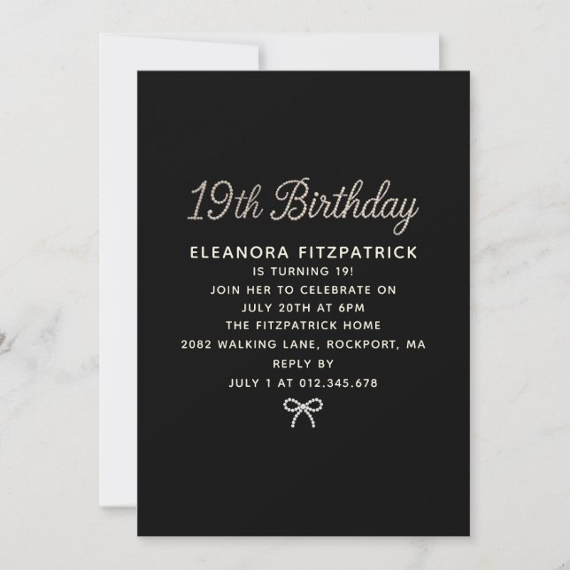 Invitación 19th Birthday Party Black White Pearl Script Bow (Anverso)