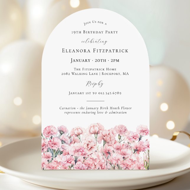 Invitación 19th Birthday Pink Carnation January Birth Flower (Subido por el creador)
