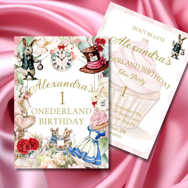 Invitación 1.ª Alicia De Cumpleaños En Floral Rosa De Maravil (Subido por el creador)