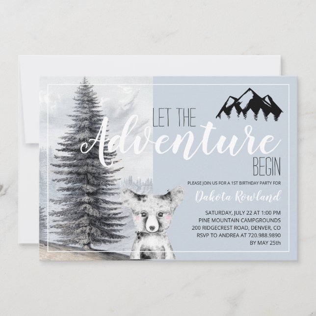 Invitación 1.ª aventura de cumpleaños espera al oso Woodland (Anverso)
