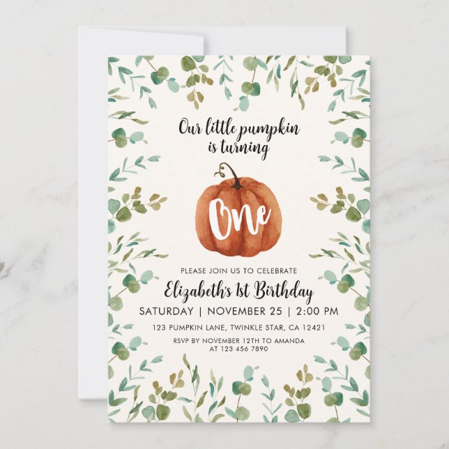 Invitación 1.ª Calabaza acuática de cumpleaños y eucalipto (Anverso)