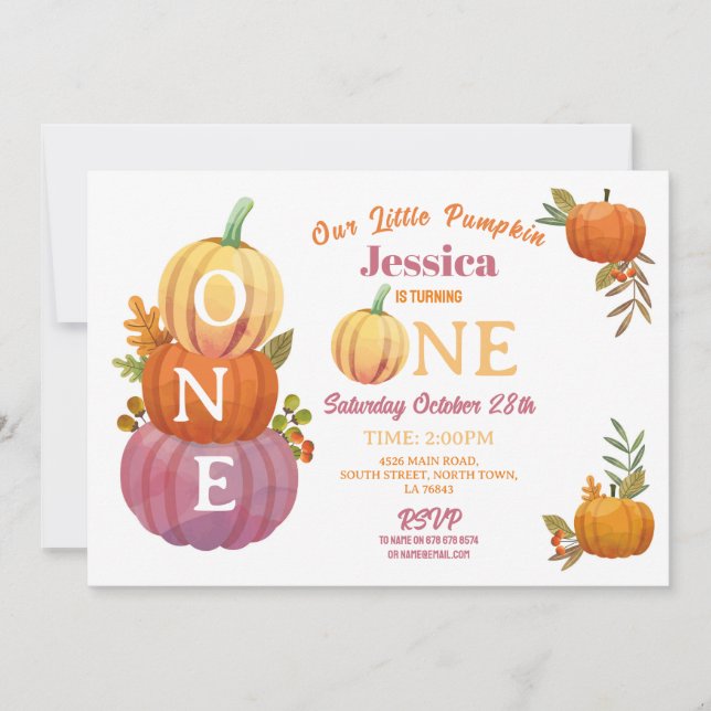 Invitación 1.ª Calabaza Fiesta de cumpleaños Chicas rosados (Anverso)