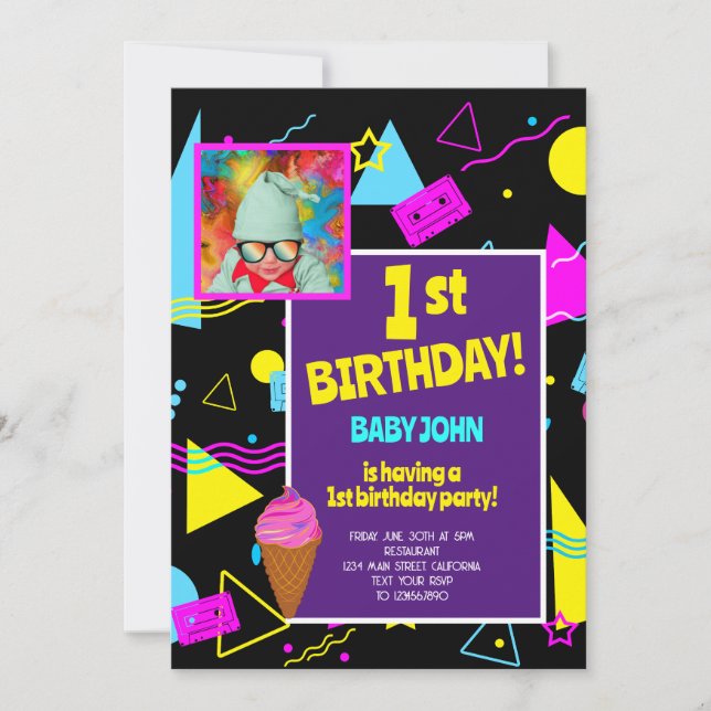 Invitación 1.ª Celebración del Fiesta infantil retro colorido (Anverso)