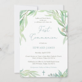Invitación 1.ª comunión para los niños con hojas de primavera
