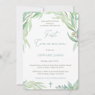 Invitación 1.ª comunión para los niños con hojas de primavera