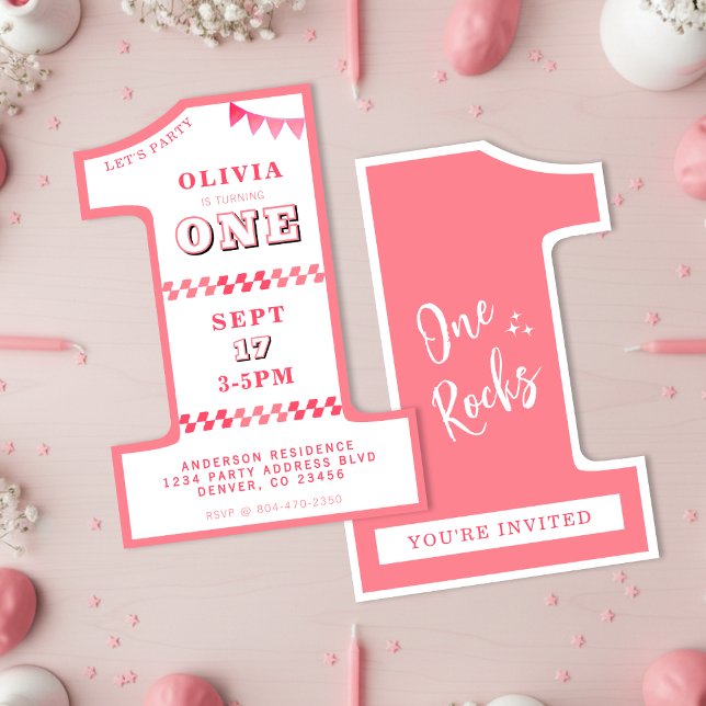 Invitación 1.ª Fiesta Chicas Pink One (1st Birthday Party Girls Pink One Invitation
)