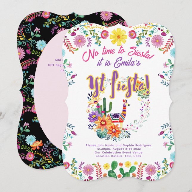 Invitación 1.ª Fiesta Cumpleaños para un Chica Folkart Floral (Anverso / Reverso)