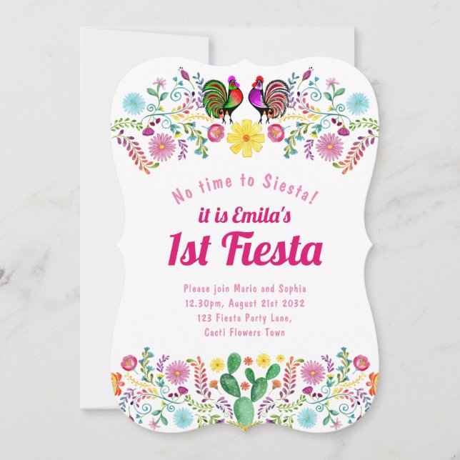 Invitación 1.ª Fiesta Cumpleaños para una Chica Sinorita Folk (Anverso)