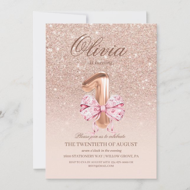 Invitación 1.ª fiesta de cumpleaños del Rosa de oro rosado (Anverso)